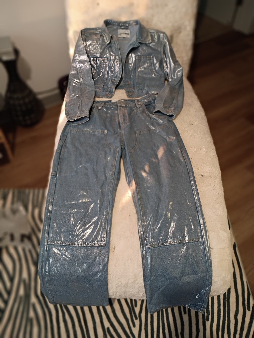 Fashion Nova Metallic Blue Denim Jacket and Wide-Leg Jeans Set